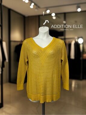 Addition Elle, Plus Size 1X Mustard Open Knit Sweater V-Neck Stretch, Chic Top
